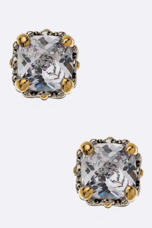 CZ Designed 2 Tone Prong Set Cushion Stud Earrings